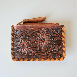 Blossom tooled & cowhide coin pouch