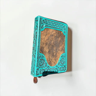 Turquoise tooled leather & cowhide Bible cover