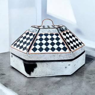 Checkerboard tooled leather & cowhide hat case