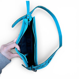 Turquoise tooled leather & cowhide shoulder bag