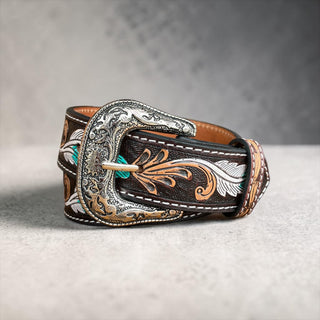 Feathers tooled leather belt
