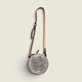Turquoise blossom tooled leather canteen bag