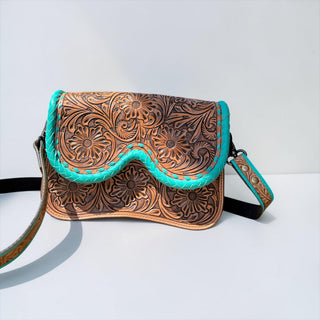 Tan/turquoise tooled leather crossbody bag