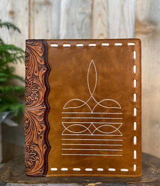 Tan Boot-Stitch Tooled Leather Planner/Portfolio