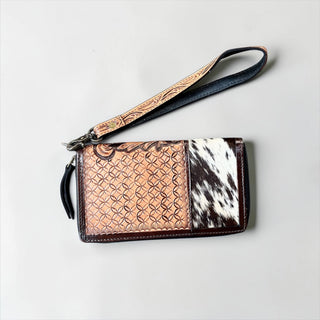 Tan tooled leather & cowhide wallet