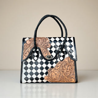 Tooled leather checker crossbody purse