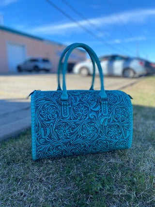 Medium Turquoise Floral Tooled Leather Speedy Duffle Bag