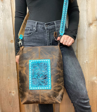 Turquoise Rustic Leather & Tooled Floral Crossbody