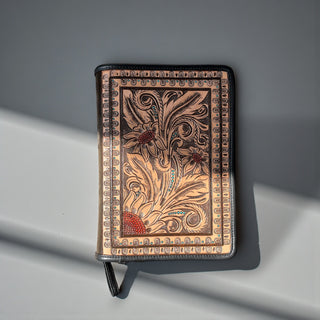 Floral tooled leather zipper Bible cover