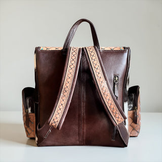 Basketweave tooled leather & cowhide backpack