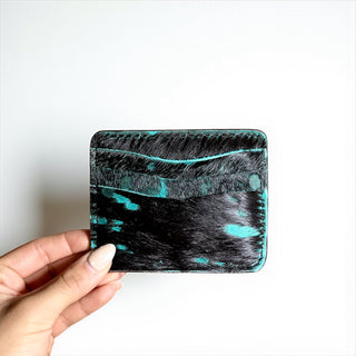Turquoise distressed black cowhide card holder
