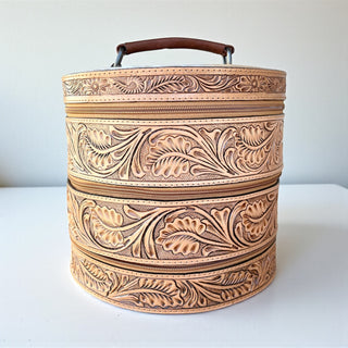 Tan tooled leather & cowhide jewelry box