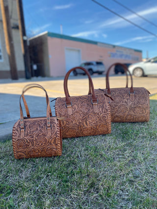 Large Tan Floral Tooled Leather Speedy Duffle Bag