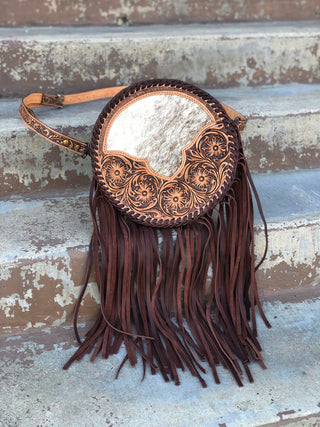 Brown Cowhide Canteen Bag With Fringe