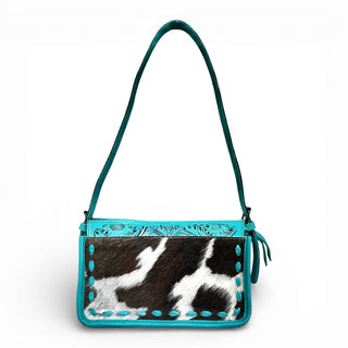 Turquoise tooled leather & cowhide shoulder bag