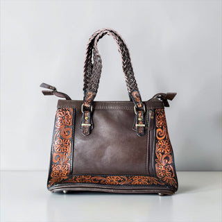 Dark brown tooled leather & cowhide shoulder bag