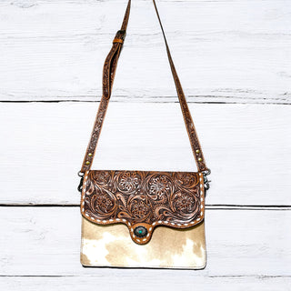 Cowhide & tooled leather concho crossbody bag