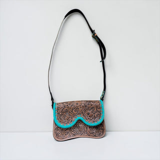Tan/turquoise tooled leather crossbody bag