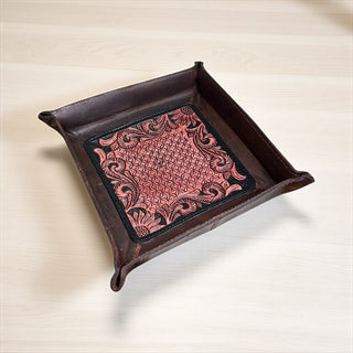 Red tooled leather tray