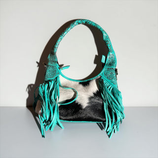 Turquoise cowhide fringe shoulder bag