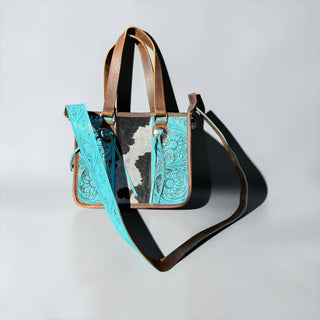 Turquoise tooled leather & cowhide crossbody bag