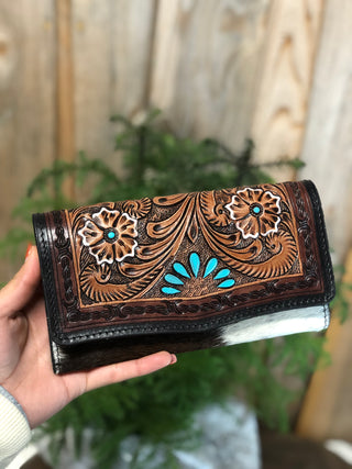 Turquoise Flower Cowhide Tooled Leather Women's Wallet