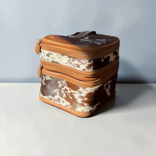 Tan leather & cowhide makeup box