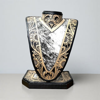 Black/tan tooled leather & cowhide necklace display