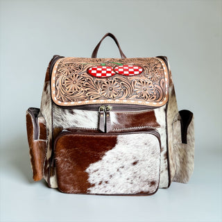 Checker cherry tooled leather & cowhide backpack