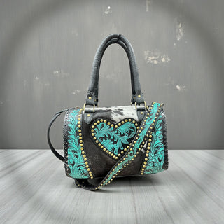 Heart turquoise tooled leather & cowhide speedy bag