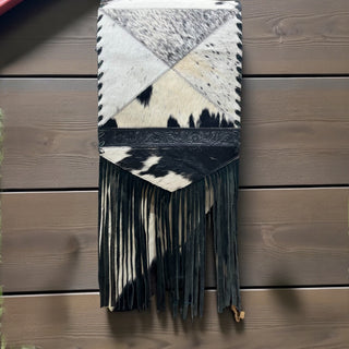 6ft Black tooled leather & cowhide table runner