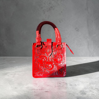 Red tooled leather & cowhide crossbody bag