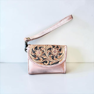 Rose gold tooled leather wristlet wallet