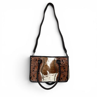 Brown tooled leather & cowhide tote bag