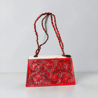 Red tooled leather & cowhide crossbody bag