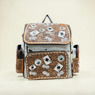 Cards game tooled leather & cowhide backpack