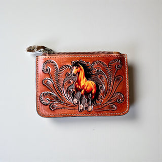 Horse tooled leather coin pouch