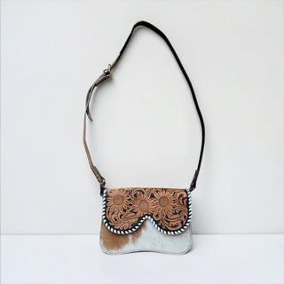 Cowhide/tooled leather crossbody bag