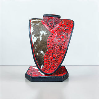 Red tooled leather & cowhide necklace display