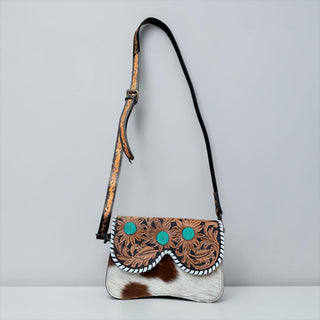 Sunflower tooled leather & cowhide crossbody bag