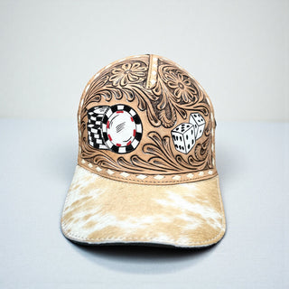 Dice tooled leather & cowhide cap