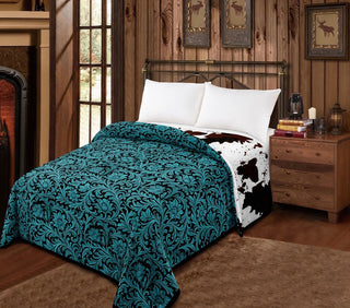 Turquoise floral/ cowprint reversible- Mia blanket