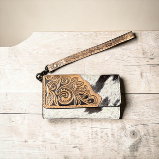 Tan tooled leather & cowhide wallet
