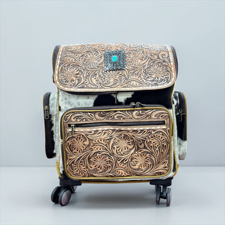 Floral Concho tooled leather & cowhide rolling backpack