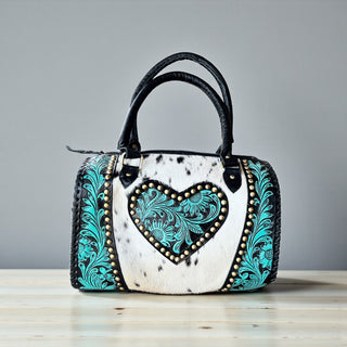 Heart turquoise tooled leather & cowhide speedy bag