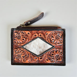 Dime tooled leather & cowhide coin pouch