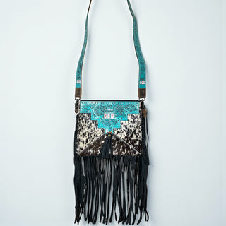 Turquoise jackpot tooled leather & cowhide fringe crossbody bag