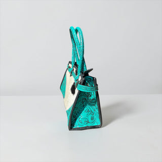 Turquoise cowhide & tooled leather shoulder bag
