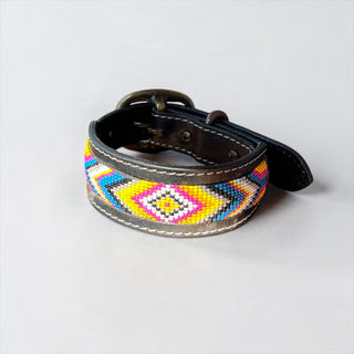 Yellow Aztec tooled leather dog collar
