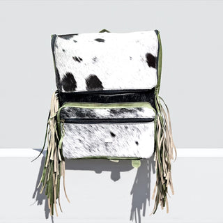 Olive green cowhide & leather fringe backpack